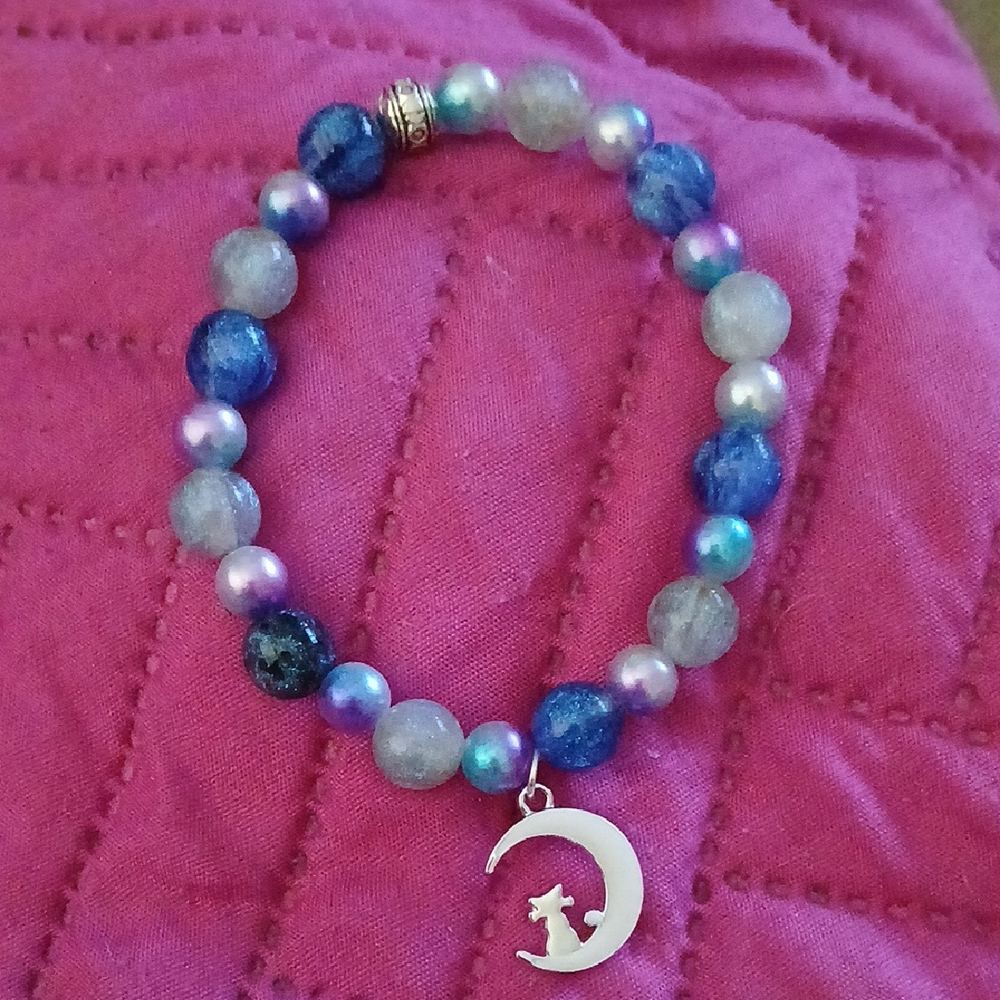 Blue and Purple Beaded Bracelet with Moon Charm